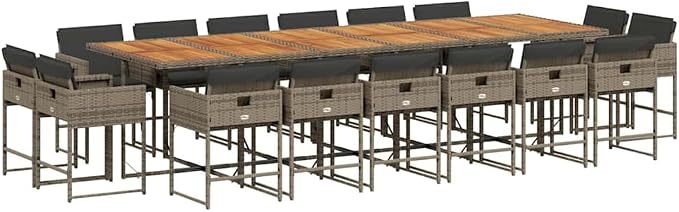 17 Piece Patio Dining Set with Cushions Gray Poly Rattan Outdoor Furniture for Garden Backyard Entertaining, Folding Chairs with Removable Washable Covers, Acacia Wood Table