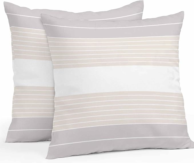 Gray Beige Stripe Outdoor Pillow Covers Waterproof, All Weather Cushion Case Set of 2, Modern Art Horizontal Striped Decorative Pillowcases for Sofa Couch Bed Decor Patio Furniture 16"x16"