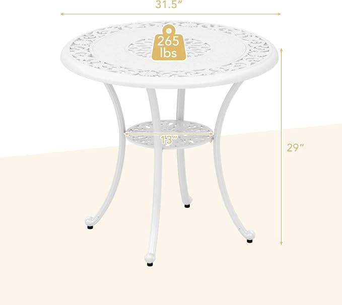 Tangkula 31.5” Cast Aluminum Patio Dining Table, Round Outdoor Bistro Table with 2” Umbrella Hole, Outdoor Side Table for Backyard, Lawn, Deck and Garden, White