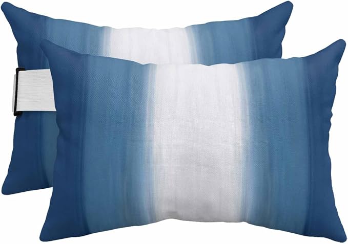 Outdoor Lumbar Pillow Set of 2, Navy Blue Striped Waterproof Beach Headrest Pillow with Inserts, Blue White Ombre Farmhouse Gradient Recliner Throw Pillows for Patio Furniture, 11 x 16