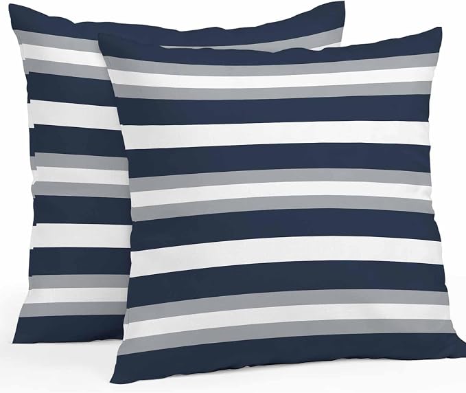Navy Blue Grey Striped Outdoor Pillow Covers Waterproof, All Weather Cushion Case Set of 2, Farmhouse Stripes Minimalist Decorative Pillowcases for Sofa Couch Bed Decor Patio Furniture 18"x18"