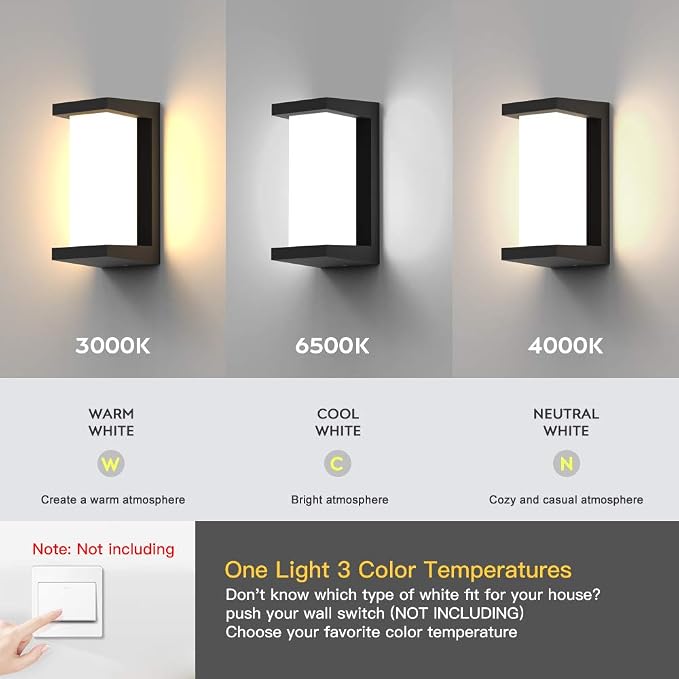 Outdoor Wall Lights,2Packs 24w Exterior Light Fixture,LED Wall Sconce 3-Color-Changeable Wall Mounted Lamps,Matte Black Porch&Patio Light Outdoor,IP65 Waterproof for Hallway Stairs Gardens