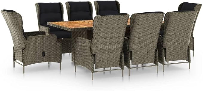 9 Piece Outdoor Patio Dining Set with Cushions Poly Rattan Brown, PE Wicker Rattan Conversation Set Adjustable Reclining Chairs with Thick Cushions, Dining Table for Backyard Poolside Lawn Deck