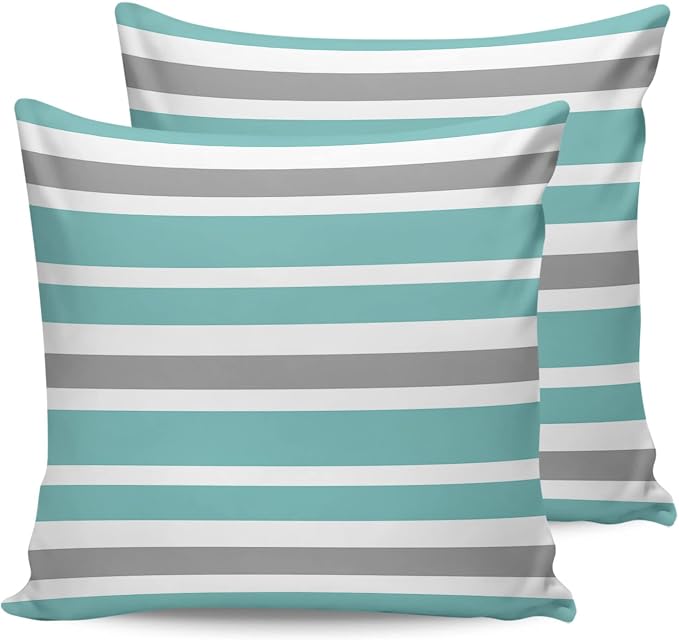 Outdoor Waterproof Throw Pillow Covers Set of 2 Grey Teal Stripes Decorative Outdoor Pillows Cushion Case 26x26 Inch Classic Striped Patio Pillows for Couch Sofa Bed Garden Office Home Decor