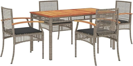 5 Piece Patio Dining Set Gray Poly Rattan Outdoor Furniture Set Includes 4 Garden Chairs with Cushions and Rectangular Acacia Wood Top Dining Table for Backyard Deck and Porch