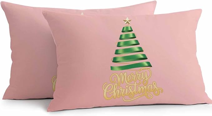 Pink Christmas Tree Lumbar Pillow Covers 12 x 20 Inches, Green Xmas Tree with Star Waterproof Throw Pillow Cover Set of 2, Christmas Pink Decorative Rectangle Cushion Covers for Patio/Couch