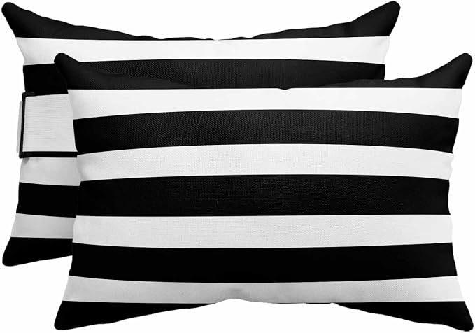 Black Striped Outdoor Pillows for Chaise Lounge Chair Beach Headrest Pillow Set of 2 Waterproof Lumbar Pillows with InsertModern Simple Monochrome Geometric White Pillow for Patio Pool 12"x20"
