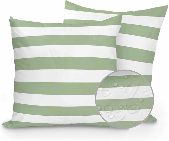 Outdoor Waterproof Throw Pillows Sage Green White Stripes Horizontal Lines Patio Pillows Pack of 2,Decorative Pillow Covers with Insert,Pillow Cushion Case for Garden Couch Sofa Modern Minimalism