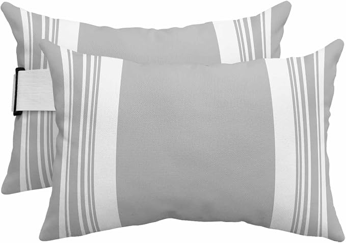 Outdoor Lumbar Pillow Set of 2, Farmhouse Grey Waterproof Beach Headrest Pillow with Inserts, Aesthetic Modern Line Striped Recliner Throw Pillows for Patio Furniture, 11 x 16