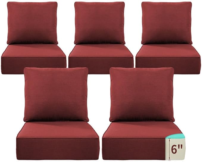 Luxury 22*24*6in Outdoor Patio Cushions, 5 Pieces Red Outdoor Cushion | 6'' Thick Outdoor Cushions, Water-Resistant, Reversible, Removable Cover, for Patio Chairs Sofa Couch Loveseat