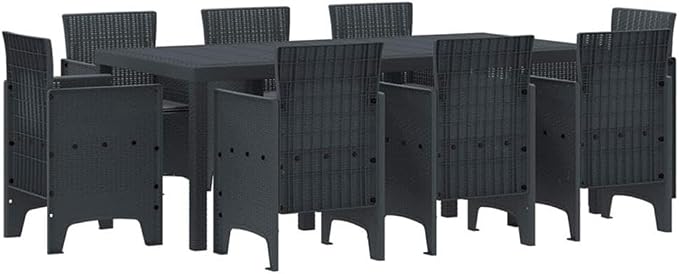 BOWERY HILL Contemporary Poly Rattan Patio Dining Set, Anthracite Finish, Lightweight Durable Construction, Cushioned Seating for 8, Rectangular Shape, Modern Outdoor Furniture for Yard or Patio