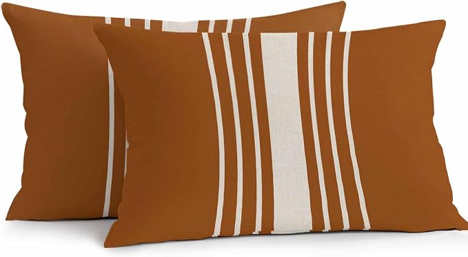 Lumbar Pillow Covers 20x12 Inch Set of 2, Burnt Orange Beige Striped Waterproof Outdoor Cushion Covers, Modern Farmhouse Retro Lines Decorative Pillowcases for Couch, Sofa, Bed, Garden, Patio