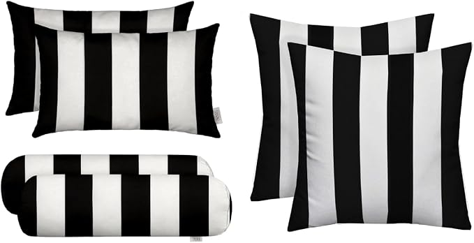 RSH DECOR Set of 6 Outdoor Pillow with Polyester Pillow Cases, Water & Fade Resistant Fabric, 17" Square, 20x12 Lumbar, 20x6 Neck Roll - Black & White Stripes