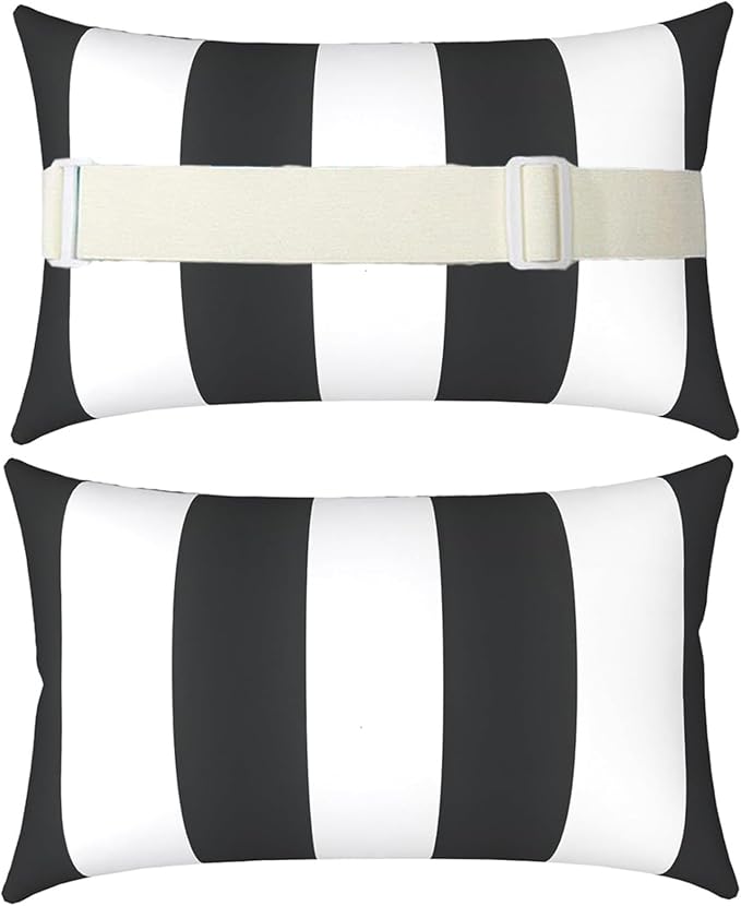 Chaise Lounge Head Pillow Oudoor Patio Pillow with Elastic Strap | 2 Pack Water Resistant Headrest Pillows for Recliner, Beach Chair, Office Chair, Stripes