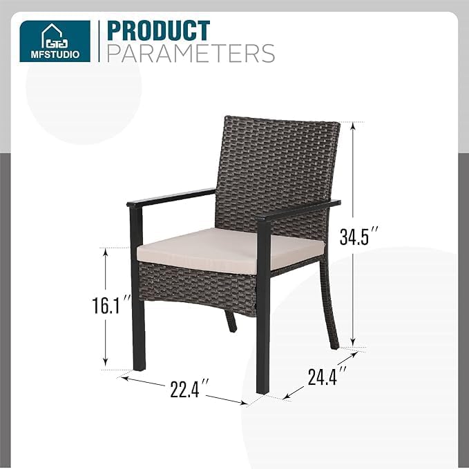 MFSTUDIO 5 Pieces Outdoor Dining Set, Patio Wood-Like Table & 4 Wicker Chairs with Cushions, Outdoor Rattan Dining Furniture, Patio Square Dining Table for 4, Deck, Backyard