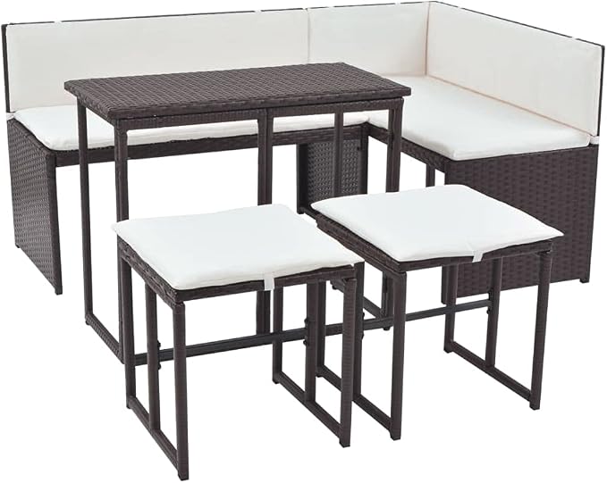 5-Piece Outdoor Dining Set, Brown Poly Rattan Patio Furniture with Cream White Cushions, Modular Sectional Sofa for Garden, Terrace and Balcony, Seats 4 People