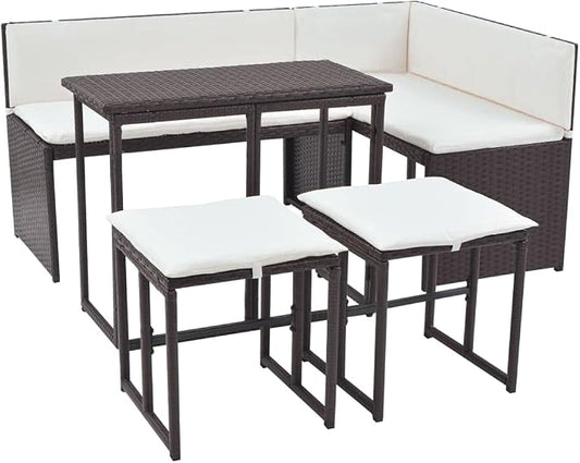 5-Piece Outdoor Dining Set, Brown Poly Rattan Patio Furniture with Cream White Cushions, Modular Sectional Sofa for Garden, Terrace and Balcony, Seats 4 People