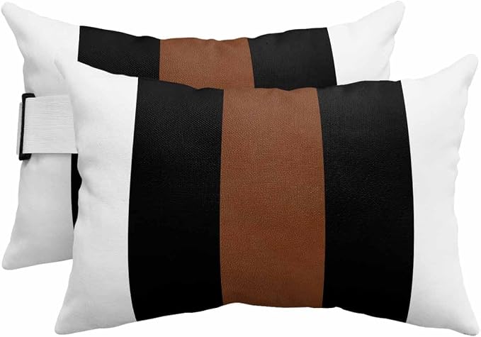 Pack of 2 Outdoor Pillows with Inserts, Boho Modern Vintage Farmhouse Black Brown Stripes Waterproof Fluffy Lumbar Cushion Covers, Patio Furniture Pillows for Balcony Garden Decor (12"x20")