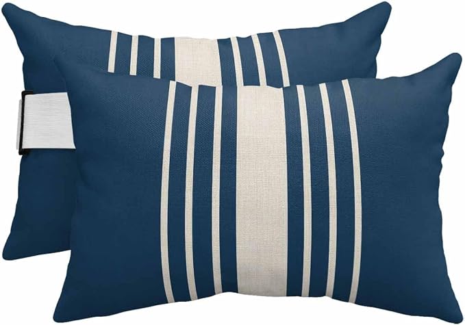 Pack of 4 Outdoor Lumbar Pillow Covers 12x20 Inch, Navy Blue Beige Striped Waterproof Throw Pillow Covers Set, Modern Farmhouse Retro Lines Indoor&Outdoor Cushion Cases for Patio Porch Beach