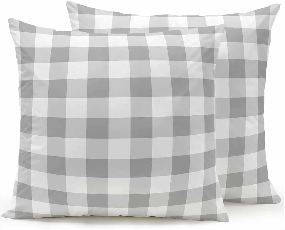 Waterproof Outdoor Pillow Set of 2 Grey Buffalo Plaid Decorative Throw Pillows Cover & Insert 18x18 Inch Pillowcase Check Lines Square Pillows for Couch Sofa Bed Patio Furniture Indoor Outdoor