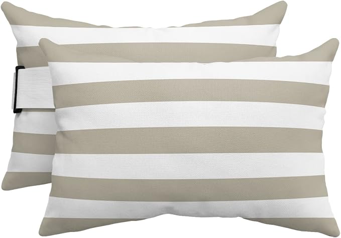 T&H XHome Outdoor Pillow for Chaise Lounge Chair, Beige and White Stripe Waterproof Headrest Pillow Lumbar Pillows with Adjustable Elastic Strap for Beach, Poolside, Patio, Office (2 Pack)
