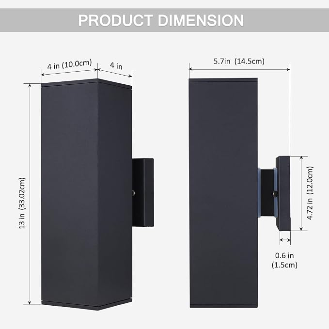 13" Black Square Modern Outdoor Wall Light Exterior Wall Sconce | E26 Base,UL listed,Aluminum Up and Down Lights Outdoor Exterior Wall Light Fixture Porch Light for House Garage Patio Garden
