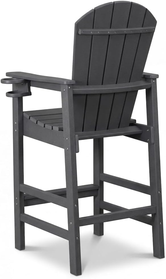 WILLIAMSPACE Patio Bar Chair Bar Stool, Outdoor All Weather HDPE Height Adirondack Chair with Armrests & Cup Holder, 1-Piece Counter Height Chair for Pool, Garden, Kitchen, ONLY 1 Chair (Grey)