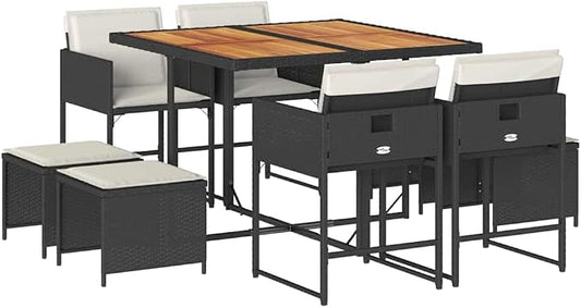 9 Piece Garden Dining Set with Black Poly Rattan and Acacia Wood, Seats 8, Cream White Cushions, Foldable Chairs for Patio Backyard