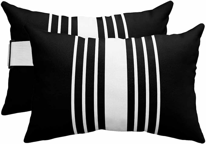 Pack of 2 Outdoor Lumbar Pillow Covers 12x20 Inch, Black White Stripe Waterproof Throw Pillow Covers Set, Modern Rustic Vertical Striped Indoor&Outdoor Decorative Cushion Cases for Patio Porch Beach