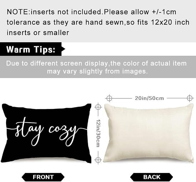 RABUSOFA Black Outdoor Pillow Covers 12x20 Waterproof Stay Cozy Decoration | Outdoor Patio Decoration, Waterproof & Durable Fabric, Machine Washable, Invisible Zipper, Not Insert