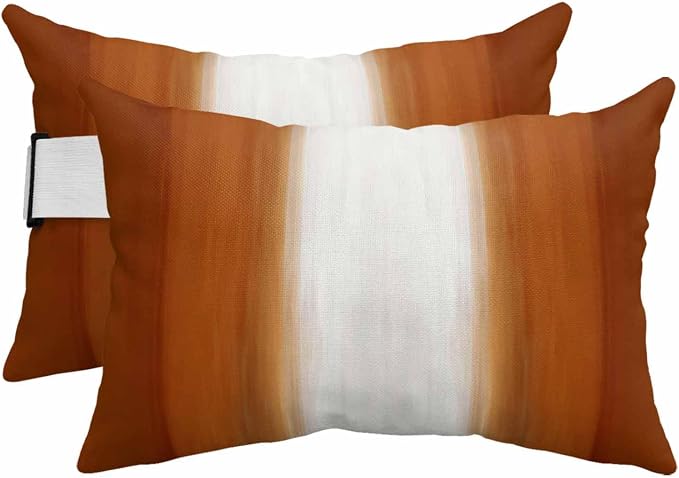 Outdoor Lumbar Pillow Set of 2, Burnt Orange Striped Waterproof Beach Headrest Pillow with Inserts, Orange Ombre Farmhouse Abstract Art Recliner Throw Pillows for Patio Furniture, 12 x 20