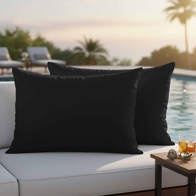Lumbar Pillow Covers 12 x 20 Inches, Black Pure Color Waterproof Throw Pillow Cover Set of 2, Aesthetics Contemporary Luxury Decorative Rectangle Cushion Covers for Patio/Couch/Garden