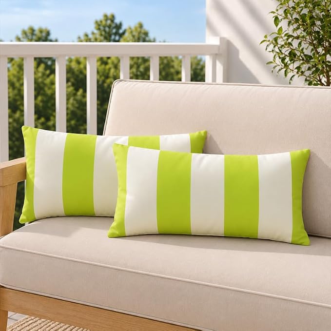 Pack of 2 Outdoor Waterproof Striped Pillow Covers Decorative Throw Covers | 12x20,Green Yellow Garden Cushion Covers, Farmhouse Pillowcases for Couch Sofa Patio Tent Balcony