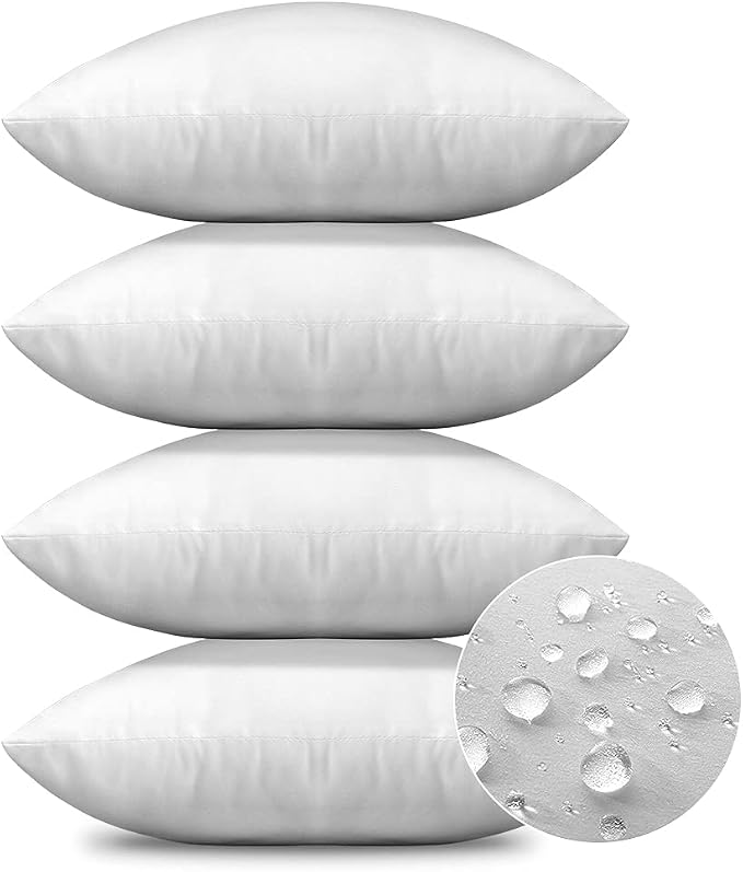 OTOSTAR Waterproof Throw Pillow Inserts 18x18 Inch, Set of 4 Water Resistant Square Form Cushion Stuffer for Garden, Bench, Patio - Decorative Outdoor Sofa Pillow Inserts White