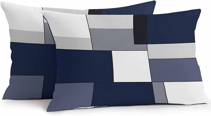 Modern Blue White Grey Plaid Outdoor Pillow Covers 20x12in Pack of 2 Waterproof Pillowcase Abstract Geometric Checkered Decorative Throw Cushion Case for Patio Couch Sofa