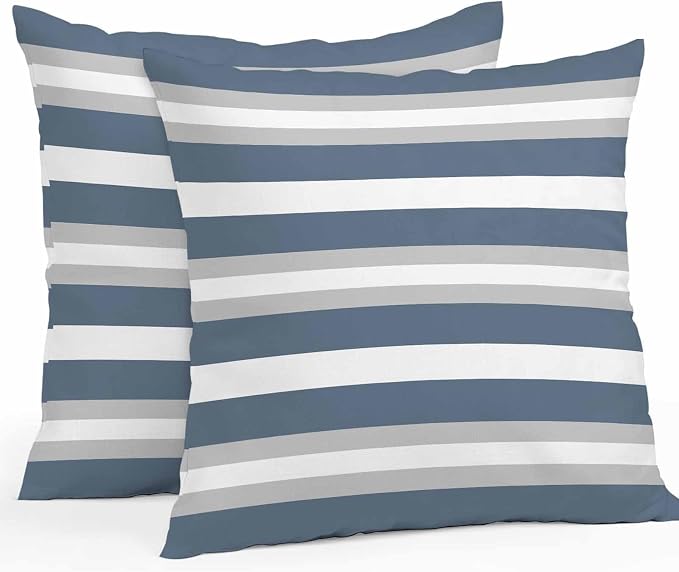 Haze Blue Stripe Outdoor Pillow Covers Waterproof, All Weather Cushion Case Set of 2, Farmhouse Blue Gray Striped Decorative Pillowcases for Sofa Couch Bed Decor Patio Furniture 18"x18"