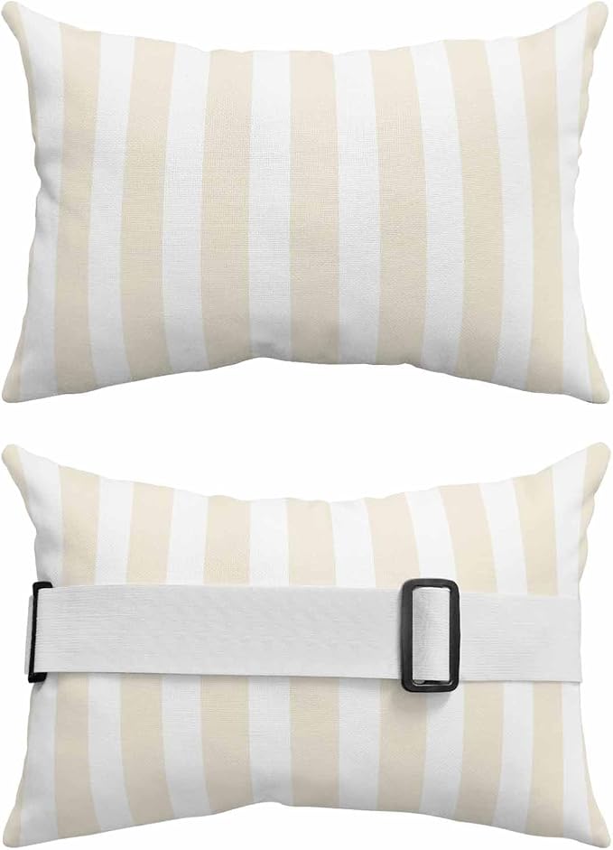 DecorLovee Cream Striped Outdoor Recliner Pillows for Head, Farmhouse Waterproof Chair Pillow with Elastic Stripe, Cream White Stripes Chaise Lounge Headrest Pillow for Patio/Beach/Pool 2Pack, 11"x16"