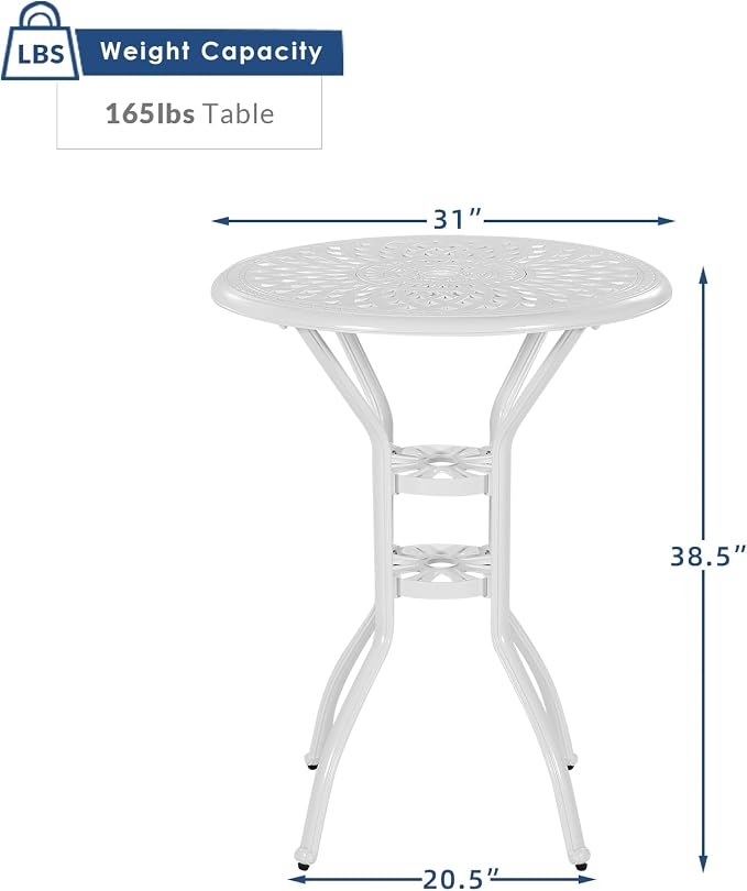 Outdoor Cast Aluminum Bar Table, 31" Patio Bar Height Table with 2" Umbrella Hole, All Weather High Top Bistro Round Dining Table for Outside Deck Porch Balcony Poolside, White