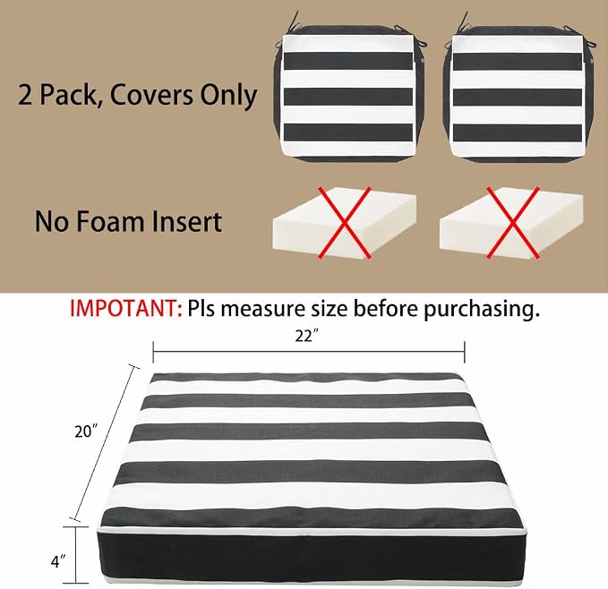 Magpie Fabrics Indoor Outdoor Cushion Cover Replacement 2 Pack, NO Insert! Water Repellent Slipcover with Ties Christmas Decor for Patio Garden Chair Seat Sofa Bench Wicker(Black White, 22x20x4 Inch)