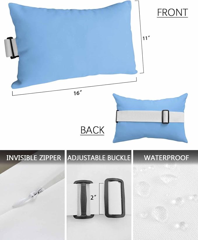 Chaise Lounge Chair Pillow with Strap & Insert SkyBlue Pattern Outdoor Recliner Head Pillow Pack of 2 Pure Colour Waterproof Headrest Patio Lumbar Pillow for Beach Pool Office Chair 11x16 Inch
