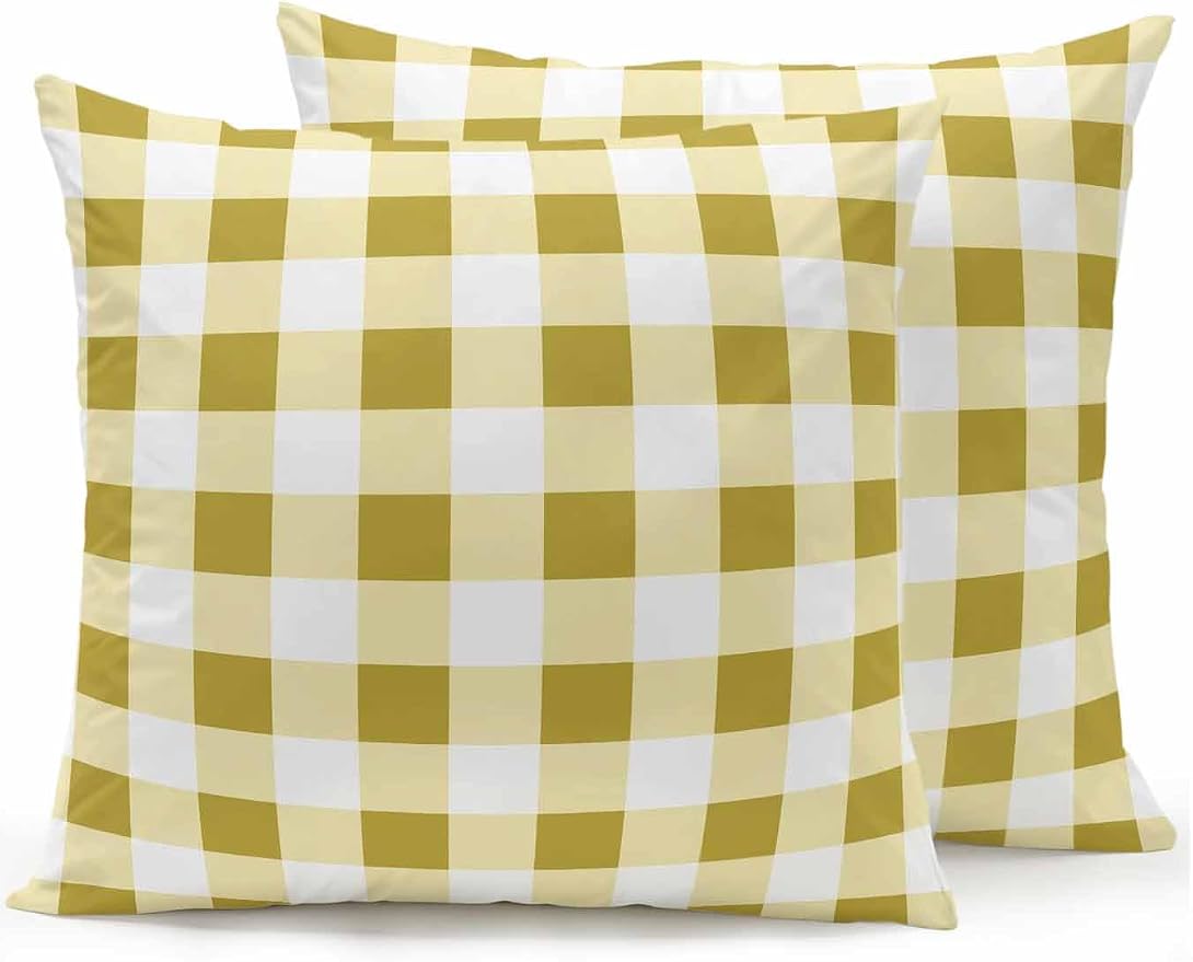 Waterproof Outdoor Pillow Set of 2 Buffalo Plaid Decorative Throw Pillows Cover & Insert 18x18 Inch Pillowcase Yellow Check Lines Square Pillows for Couch Sofa Bed Patio Furniture Indoor Outdoor