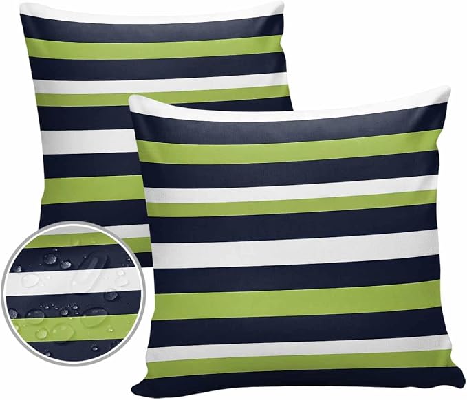 Pack of 2 Blue Green White Stripes Outdoor Pillow Waterproof Covers 20x20 inch, Classic Geometric Polyester Throw Pillow Covers Garden Cushion Decorative Case for Patio Couch Decoration