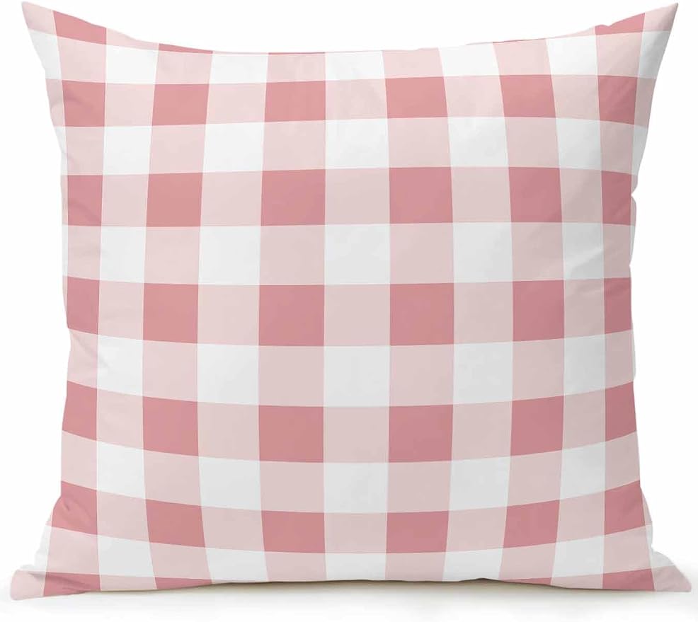 Waterproof Outdoor Pillow 1 Pack Pink Buffalo Plaid Decorative Throw Pillows Cover & Insert 18x18 Inch Pillowcase Check Lines Square Pillows for Couch Sofa Bed Patio Furniture Indoor Outdoor