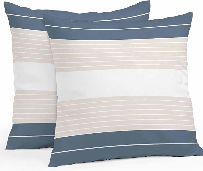 Haze Blue Beige Stripe Outdoor Pillow Covers Waterproof, All Weather Cushion Case Set of 2, Modern Art Horizontal Striped Decorative Pillowcases for Sofa Couch Bed Decor Patio Furniture 18"x18"