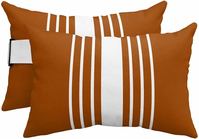 Pack of 4 Outdoor Lumbar Pillow Covers 11x16 Inch, Burnt Orange White Stripe Waterproof Throw Pillow Covers Set, Modern Rustic Vertical Striped Indoor&Outdoor Cushion Cases for Patio Porch Beach