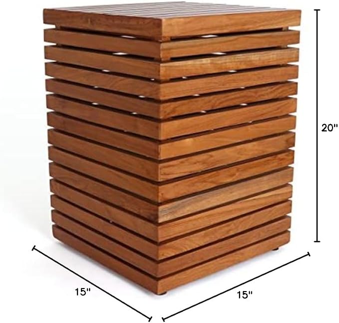 Teak Garden Stool - Farmhouse End Table Barn Door Wooden Rustic Side Table/Patio Indoor Outdoor (Modern), Brown, 15 in x 20 (D W H)