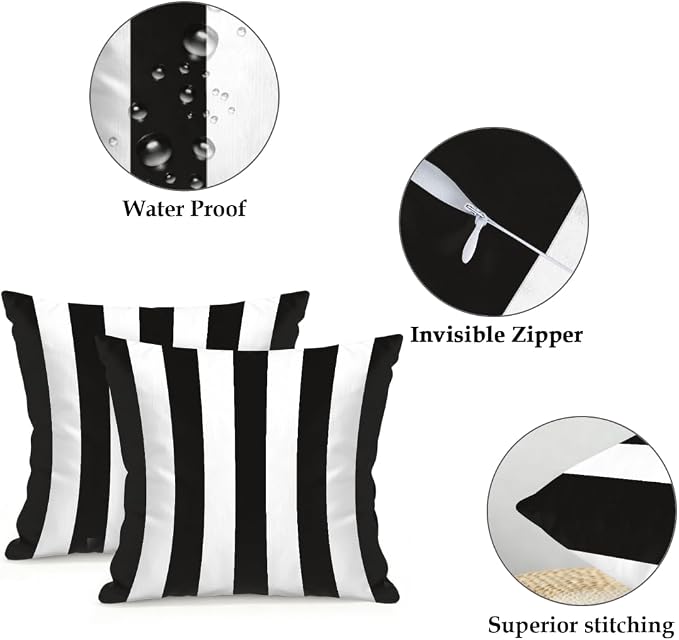 22x22 Inch Outdoor Pillow Covers Set of 2 Waterproof Throw Pillow Covers Decorative Couch Cushion Covers Black White Striped Square Pillowcases Protectors for Patio Garden Sofa