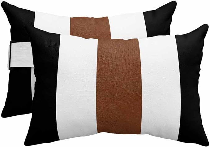 Pack of 2 Outdoor Pillows with Inserts, Boho Style Vintage Farmhouse Brown Black Stripes Waterproof Fluffy Lumbar Cushion Covers, Patio Furniture Pillows for Balcony Garden Decor (11"x16")