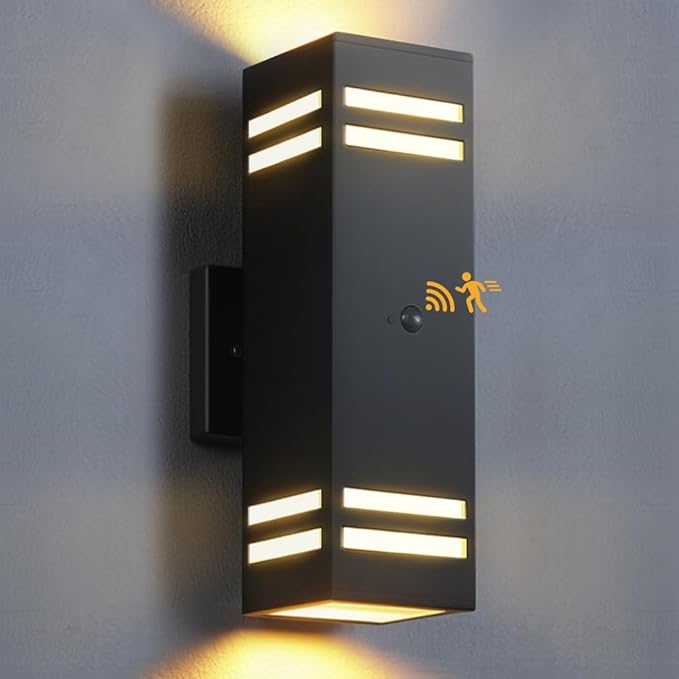 SHIMR Motion Sensor Outdoor Wall Lights, Up and Down Sconce, ETL Listed | Dusk to Dawn Outdoor Lighting, Up and Down, Black Aluminum Exterior Light Fixture for Porch Garage Patio, LED Bulbs Included
