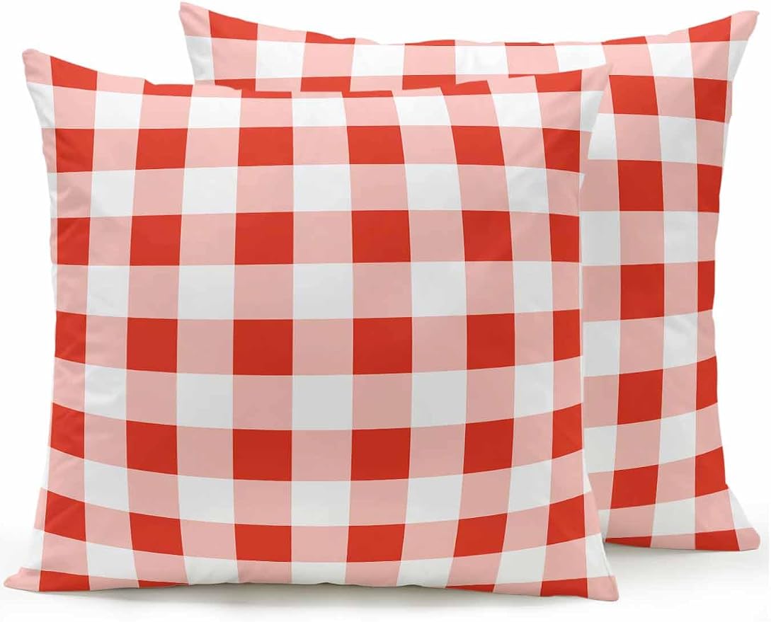 Waterproof Outdoor Pillow Set of 2 Red Buffalo Plaid Decorative Throw Pillows Cover & Insert 16x16 Inch Pillowcase Check Lines Square Pillows for Couch Sofa Bed Patio Furniture Indoor Outdoor